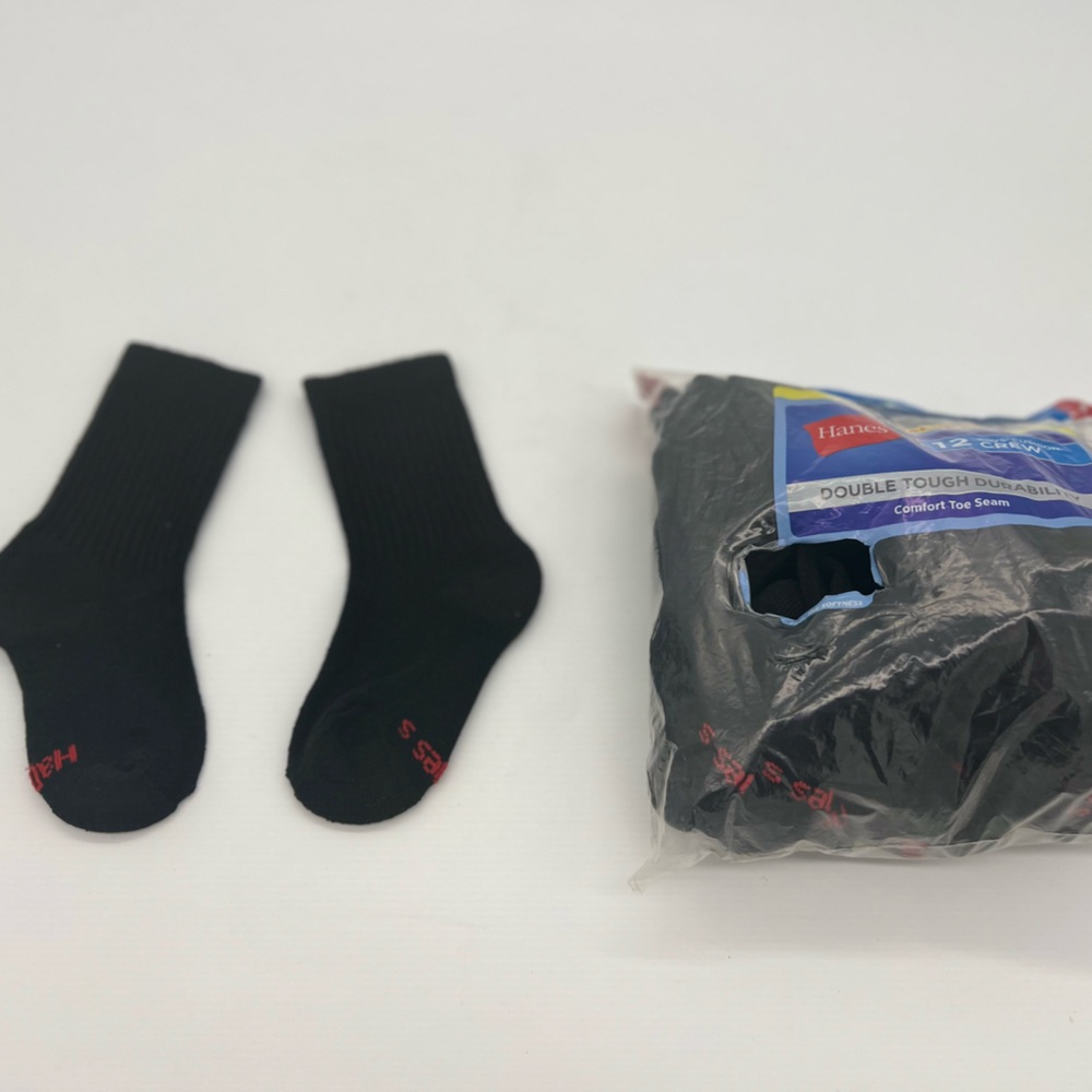 Hanes 10-Pack Cushion Crew Socks Boys Black Reinforced Comfort S Fit4.5-8.5 Shoe